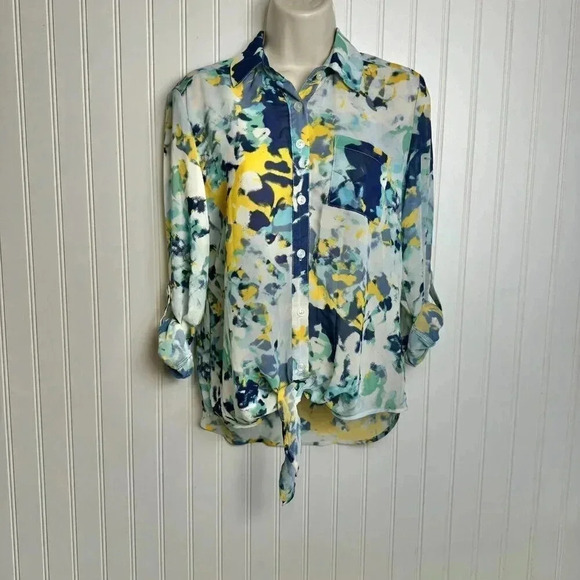 Kut FromThe Kloth Yellow Blue Lightweight Long Sleeve Button Down Front Knot H31 - Picture 1 of 6